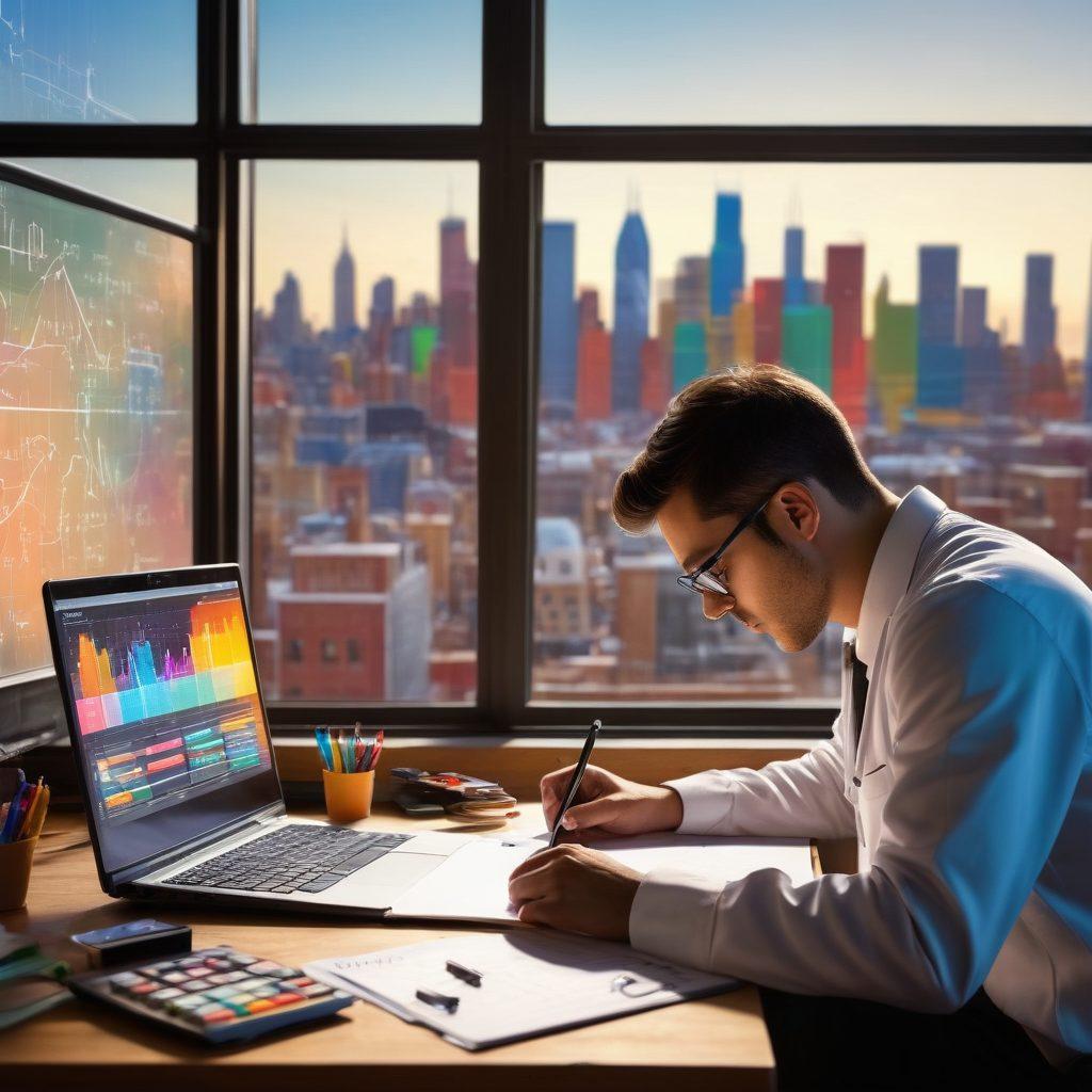 A scientist at a lab desk, surrounded by colorful charts and graphs, analyzing data on a laptop while writing notes in a notebook. The background showcases a chalkboard filled with complex formulas and a large window revealing a city skyline bathed in sunlight. The scene captures the transformation from hypotheses to concrete insights. vibrant colors. super-realistic. bright background.