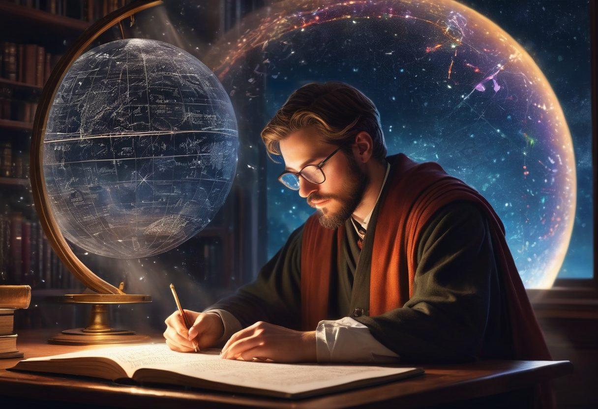 A scholar sits at a desk surrounded by open books and an illuminated globe, immersed in writing. Ethereal light beams represent insights pouring down like rain, intertwining with scientific symbols like DNA strands and atomic structures. A backdrop of a cosmic sky suggests the vastness of knowledge, while scattered notes reflect the process of exploration. The atmosphere is both inspiring and academic, motivating a sense of discovery. super-realistic. vibrant colors. ethereal lighting.