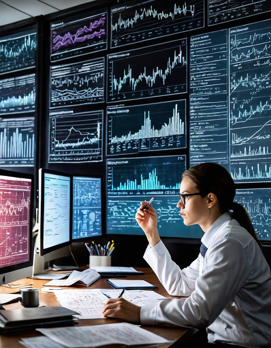 A scientist in a modern lab, intently analyzing data on a large screen while surrounded by stacks of research papers, charts, and graphs. In the background, a chalkboard filled with complex equations symbolizes the depth of scholarly research. A digital flow of information and experiment results visually emerges from the screen, depicting the importance of data analysis. Bright, engaging colors illustrate creativity and innovation in research. super-realistic. vibrant colors. 3D.